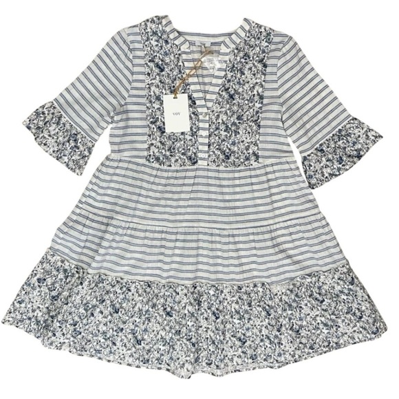 Voy Dress White & Blue Striped & Blue Floral Eyelet Lace V Neck Women’s Sz M NWT - Picture 2 of 13